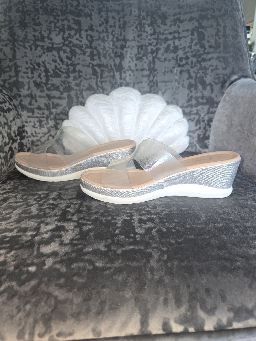Women's Silver Wedge Sandals with Clear Straps